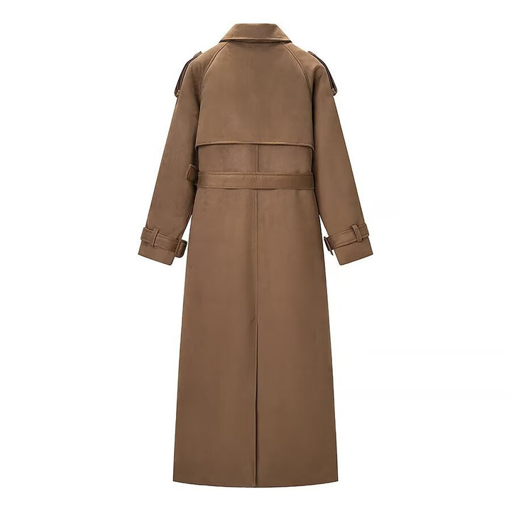 Women's Elegant Long Waist Trench Coat with Double-Breasted Button Placket and Flared Hem Mune Fashion