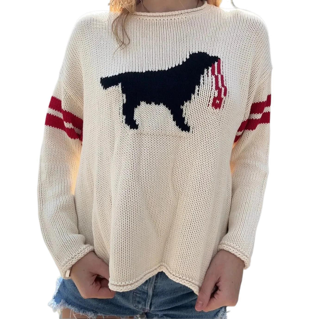 Women’s chunky knit sweater with dog jacquard and sports stripes Mune Fashion
