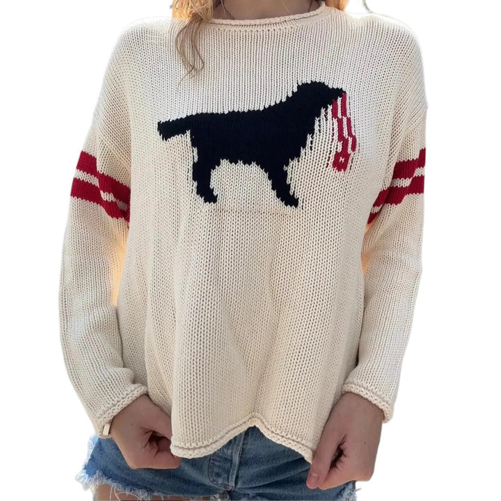 Women’s chunky knit sweater with dog jacquard and sports stripes Mune Fashion
