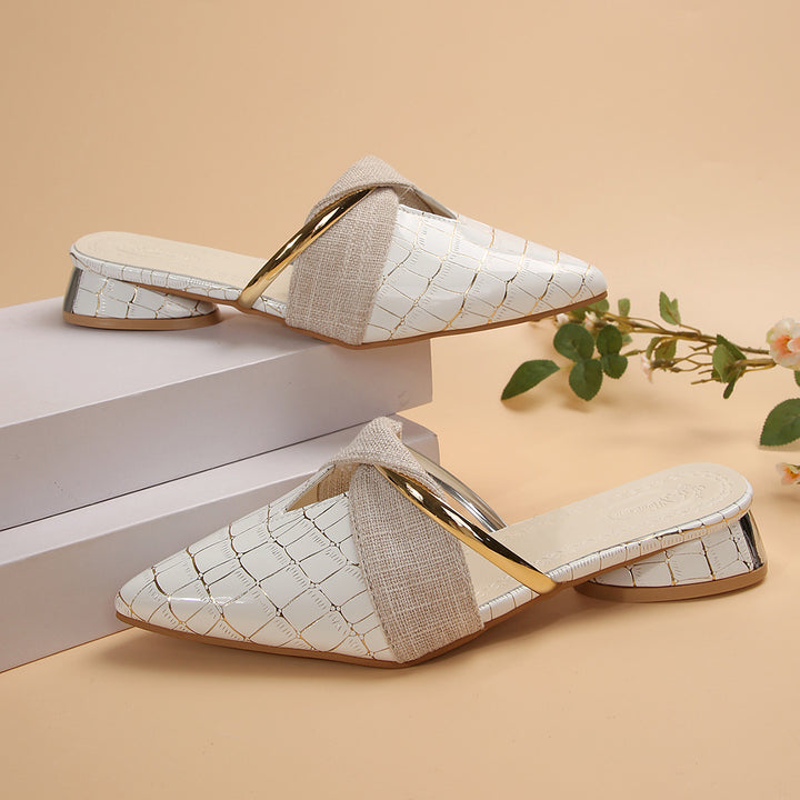 Women’s pointed loafer sandals with crocodile embossing, crossed linen strap and gold decorative strip Mune Fashion