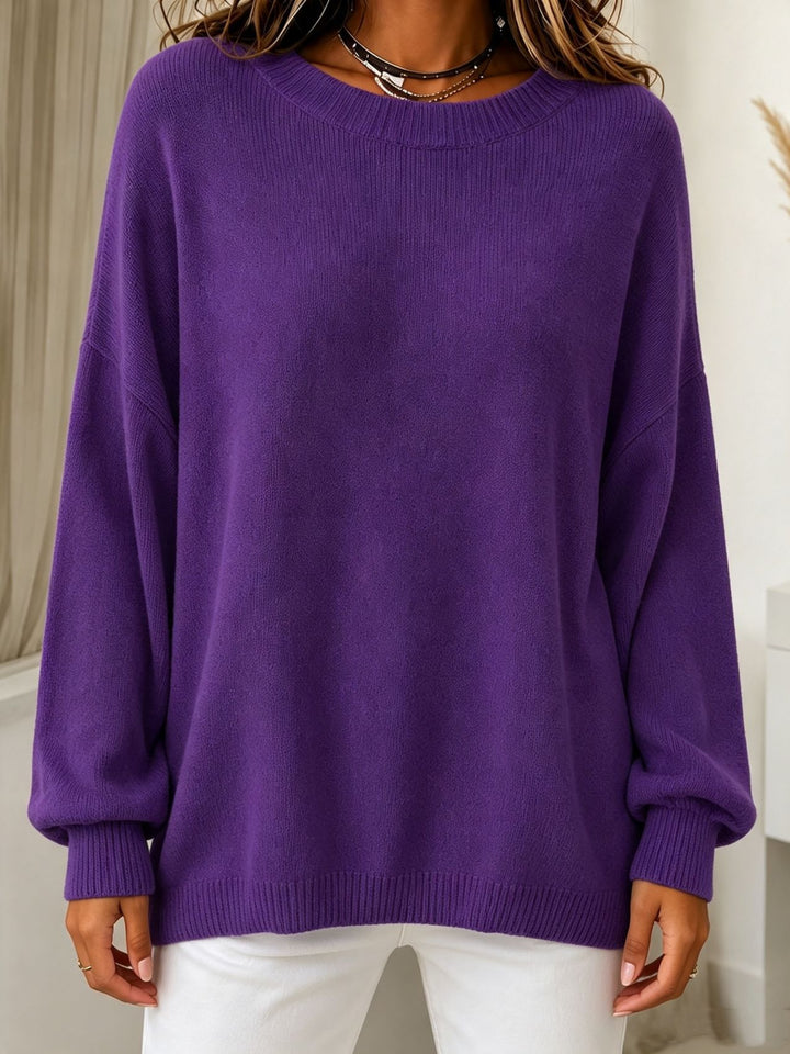 Women Light Cashmere-Touch Sweater with Round Neck, Dropped Shoulder and Ribbed Cuffs Mune Fashion