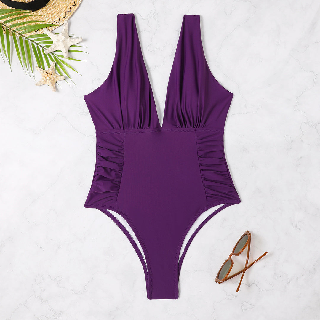 Women’s One-Piece Swimsuit with Deep V-Neck and Sophisticated Ruffle Details Mune Fashion