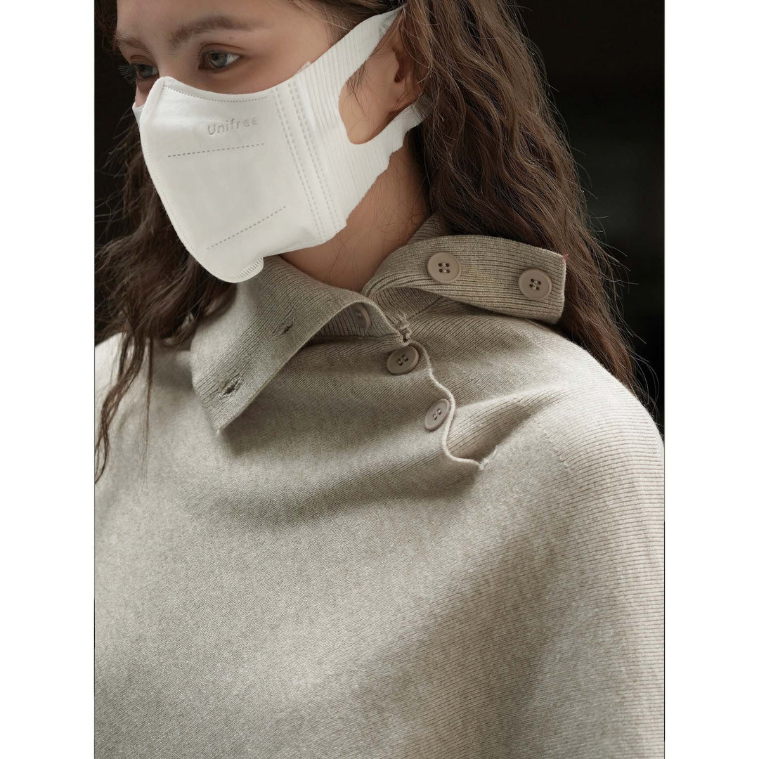 Women's Asymmetrical Knit Poncho with Button Collar and Oversized Silhouette Mune Fashion