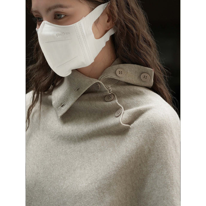 Women's Asymmetrical Knit Poncho with Button Collar and Oversized Silhouette Mune Fashion