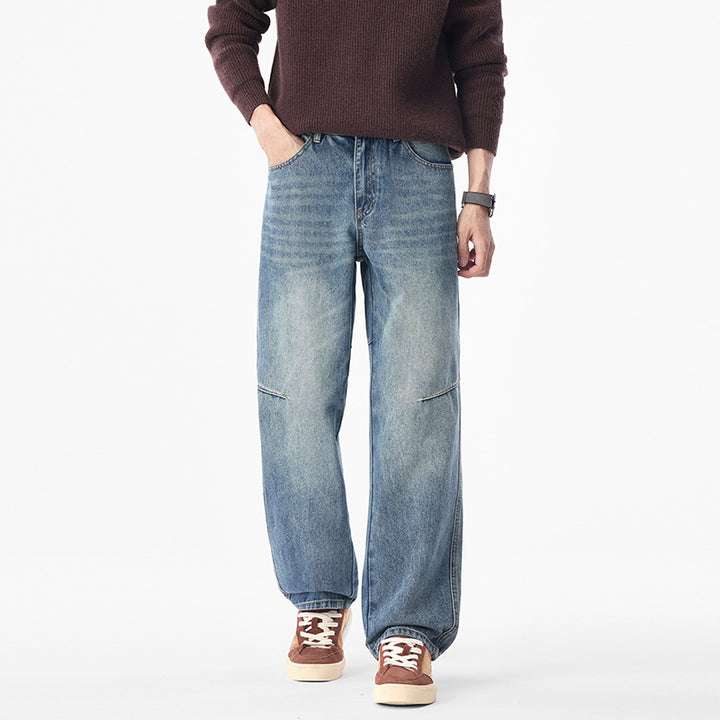 Men's Loose Denim Pants with Comfortable Waist Height and Distinctive Knee Seam Mune Fashion