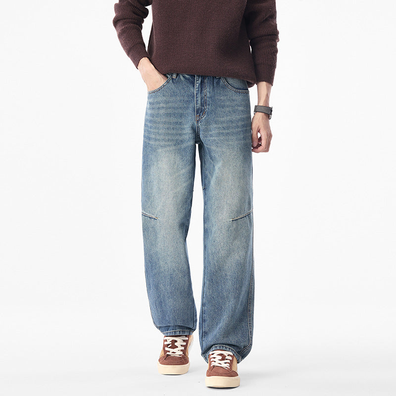 Men's Wide Vintage Denim Jeans with Distinctive Knee Seam and Loose Fit Mune Fashion