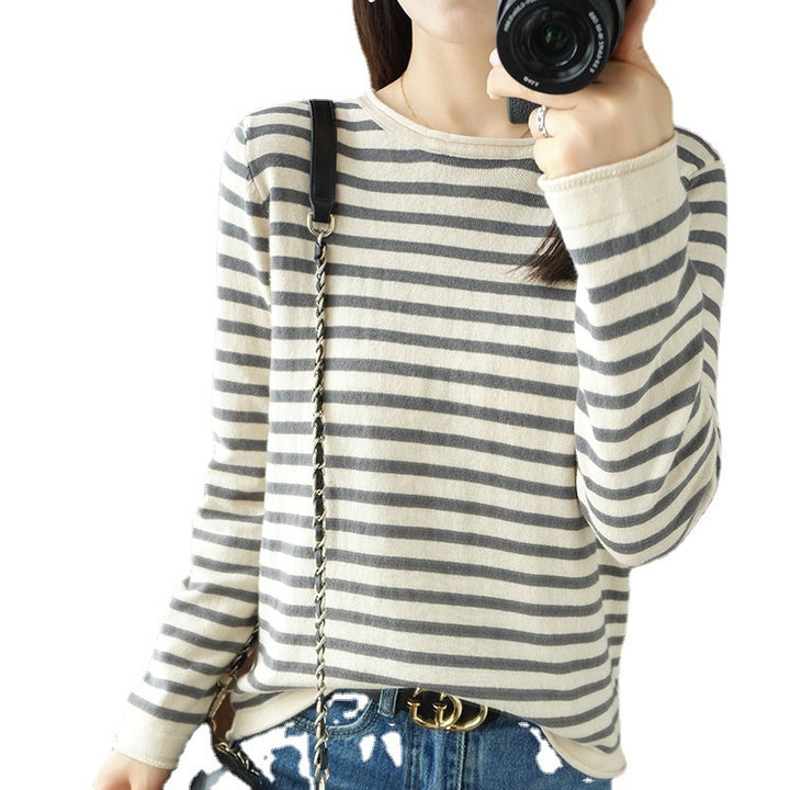 Women’s maritime inspired cotton fine-knit sweater with stripes and slightly boxy silhouette Mune Fashion