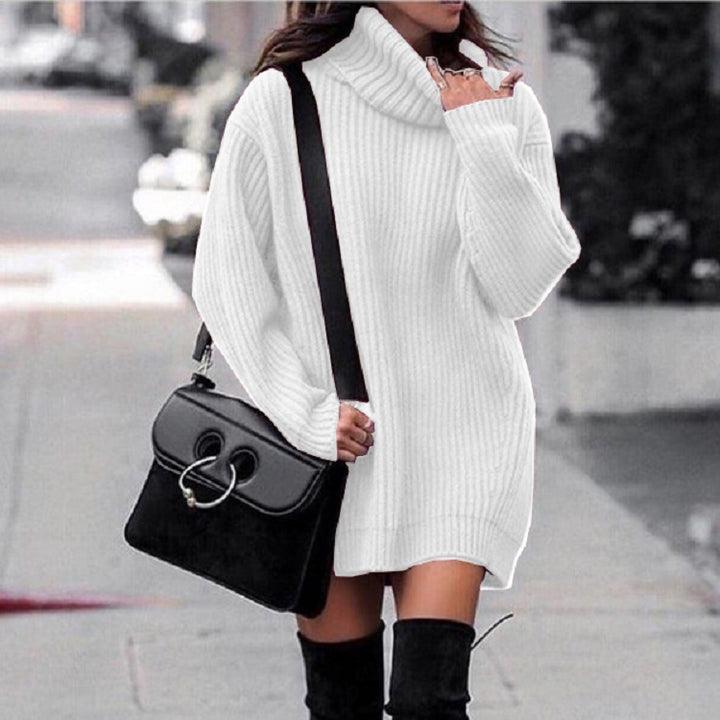 Women Oversized Long Sweater with Roll Neck, Ribbed Fine Knit and Figure-Flattering Tunic Length Mune Fashion
