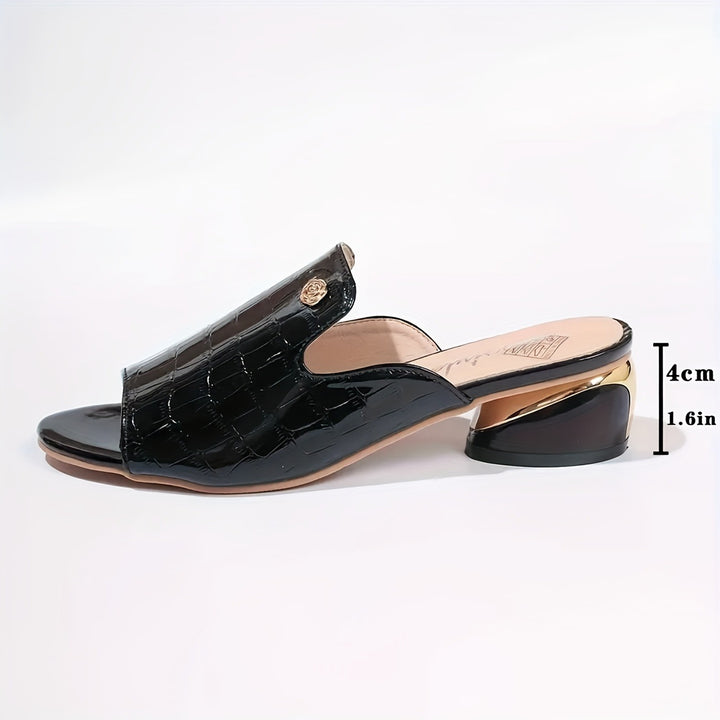 Women's o croc-embossed mules with open toe, low block heel, and decorative rose applique Mune Fashion