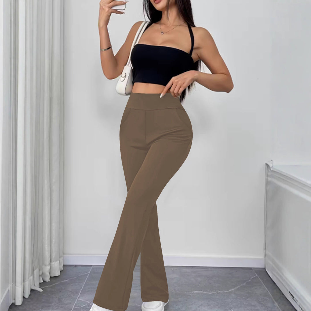 Women's flared pants made of stretch knit with high waist and side pockets Mune Fashion