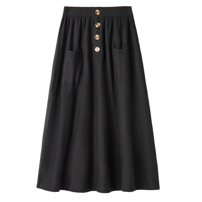 Women's midi skirt made of wool blend with A-line, elastic ribbed waistband, decorative button placket, and patch pockets Mune Fashion