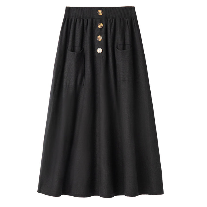 Women's midi skirt made of wool blend with A-line, elastic ribbed waistband, decorative button placket, and patch pockets Mune Fashion