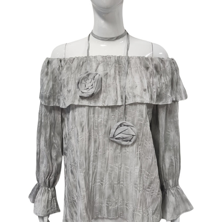 Women Off-Shoulder Crinkle Blouse Top with Ruffles, Balloon Sleeves and Choker Mune Fashion