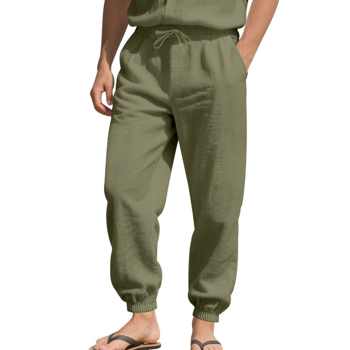 Men's lightweight linen blend lounge pants with drawstring waistband, side pockets, and elastic cuffs Mune Fashion