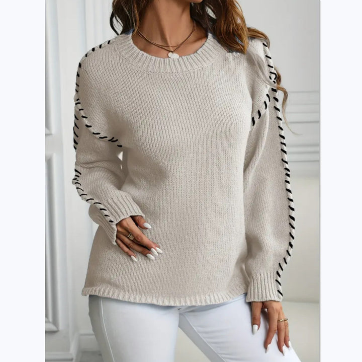 Women's Oversize Knit Sweater with Decorative Cord Braid on Sleeves Mune Fashion