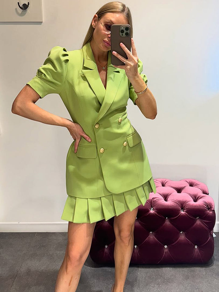 Women Double-Breasted Blazer Dress with Puff Sleeves and Pleated Hem Mune Fashion