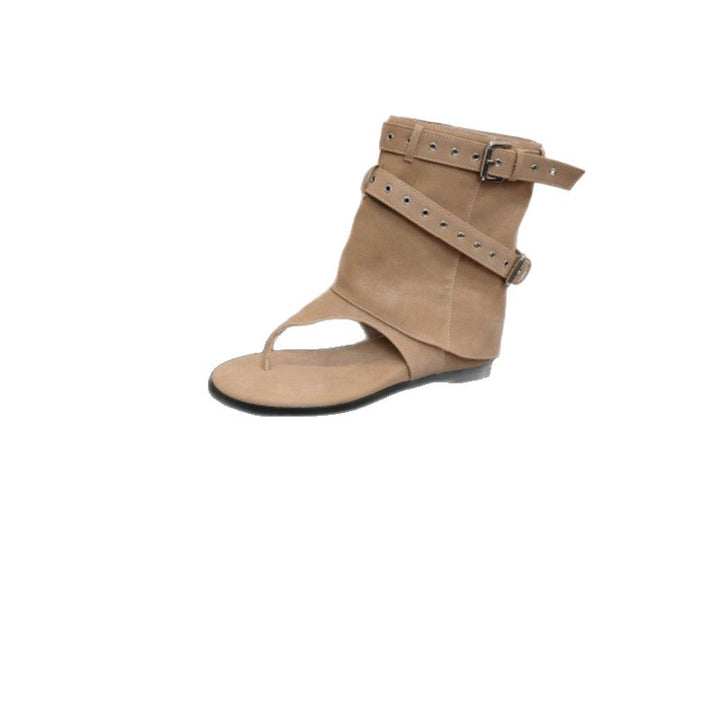 Women's ankle-high toe-post sandals in biker look with double belt and eyelet trim Mune Fashion
