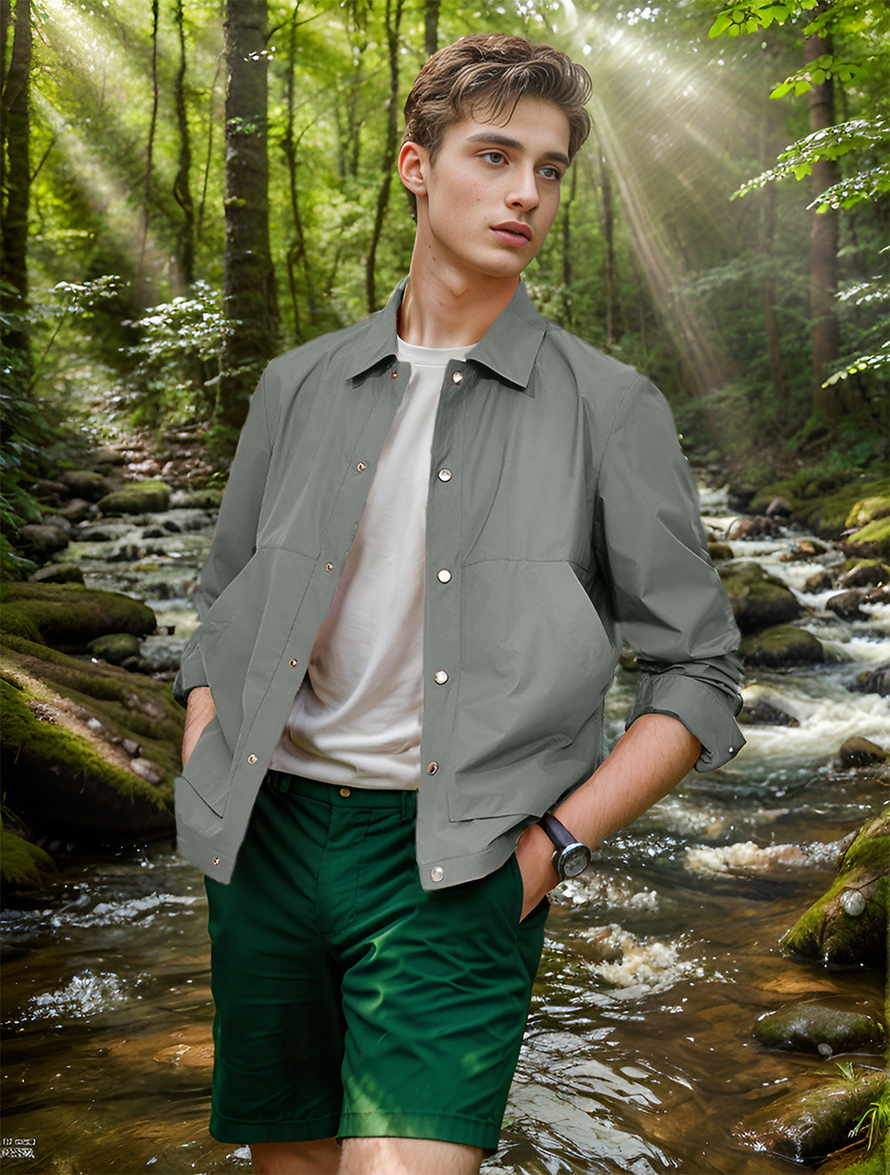 Men's Light Overshirt Jacket with Snap Front and Shirt Collar Mune Fashion