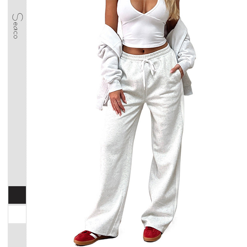 Women's Wide High-Waist Jogging Pants with Side Contrast Stripe and Pockets
