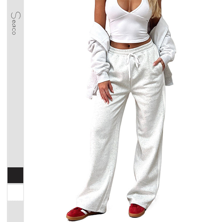 Women's Wide High-Waist Jogging Pants with Side Contrast Stripe and Pockets