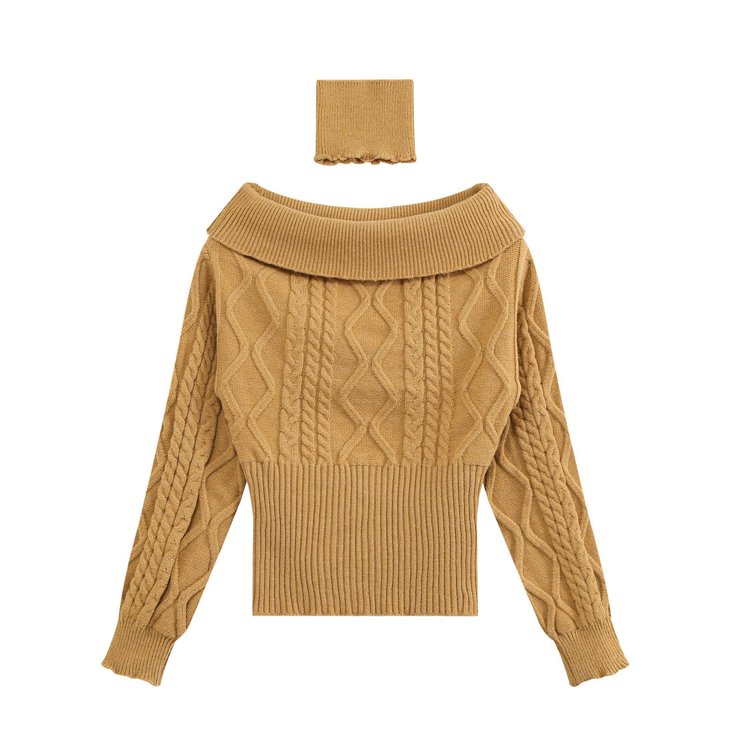 Women's Off-Shoulder Cable Knit Sweater with Wide Ribbed Cuff and Folded Collar Mune Fashion