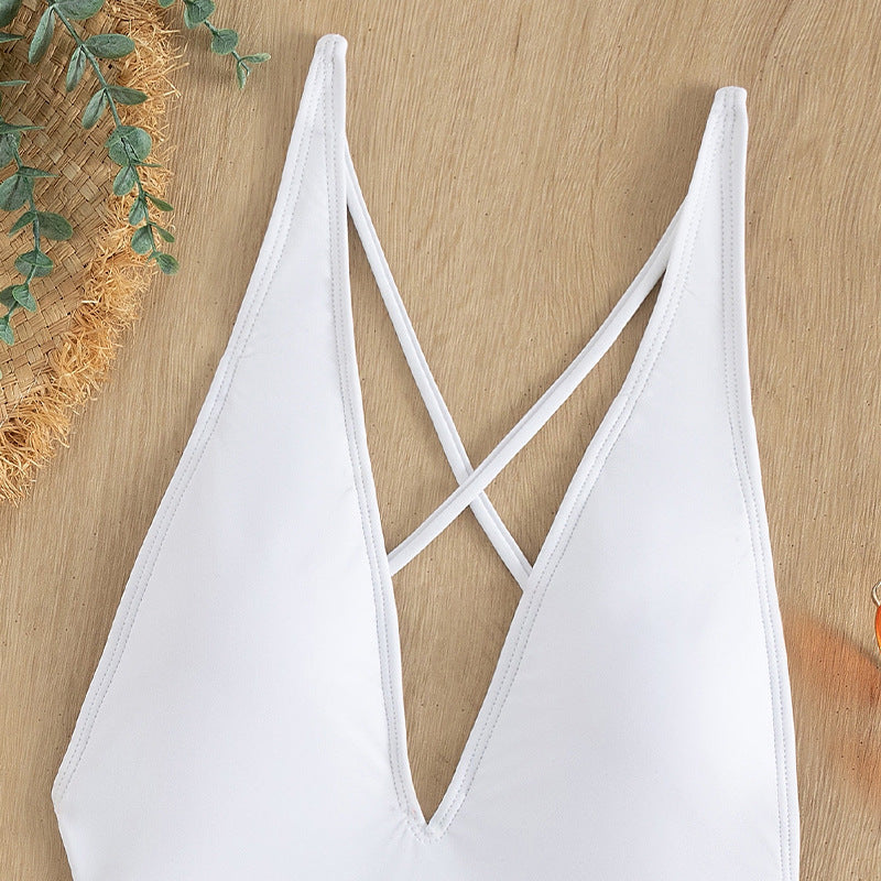 Women's One-Piece Swimsuit with Deep V-Neck and Adjustable Lace-Up Details Mune Fashion