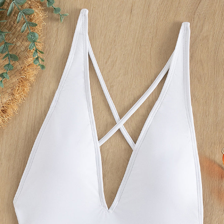 Women's One-Piece Swimsuit with Deep V-Neck and Adjustable Lace-Up Details Mune Fashion