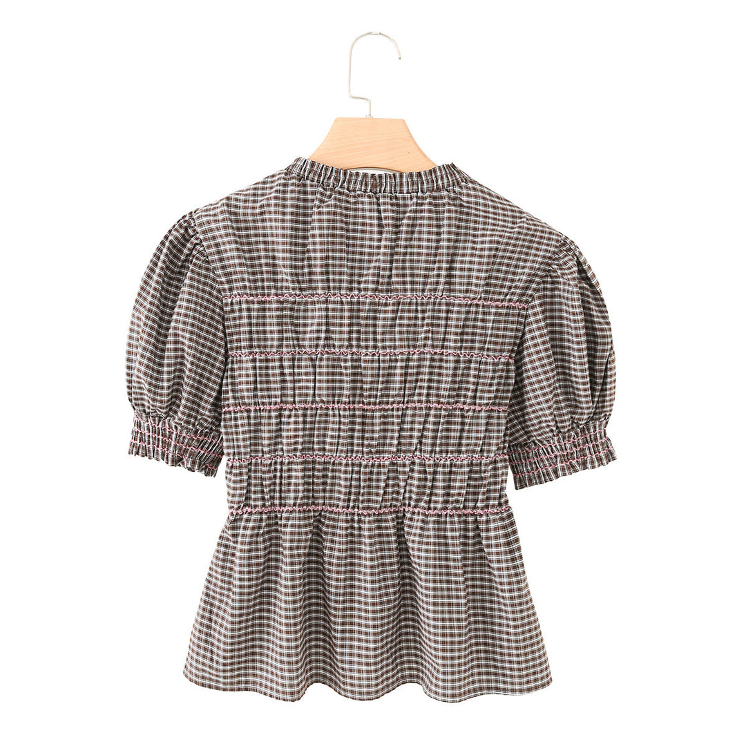 Women's Checked Smock Tunic Top with Ruffle Waist and Puff Sleeves Mune Fashion