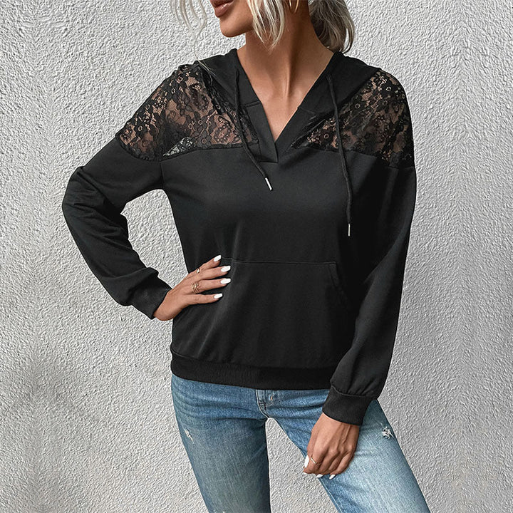 Ladies hooded sweatshirt with lace insert and V-neck Mune Fashion