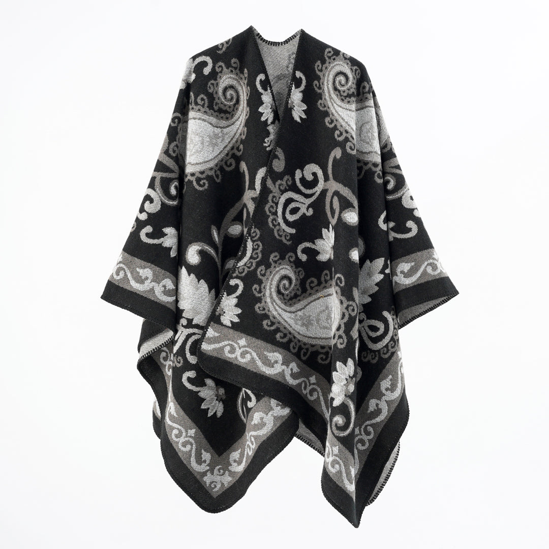 Women's jacquard wool blend poncho with paisley jacquard and open kimono fall Mune Fashion