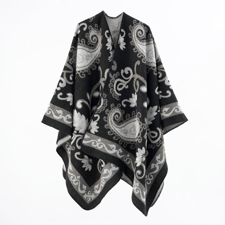 Women's jacquard wool blend poncho with paisley jacquard and open kimono fall Mune Fashion
