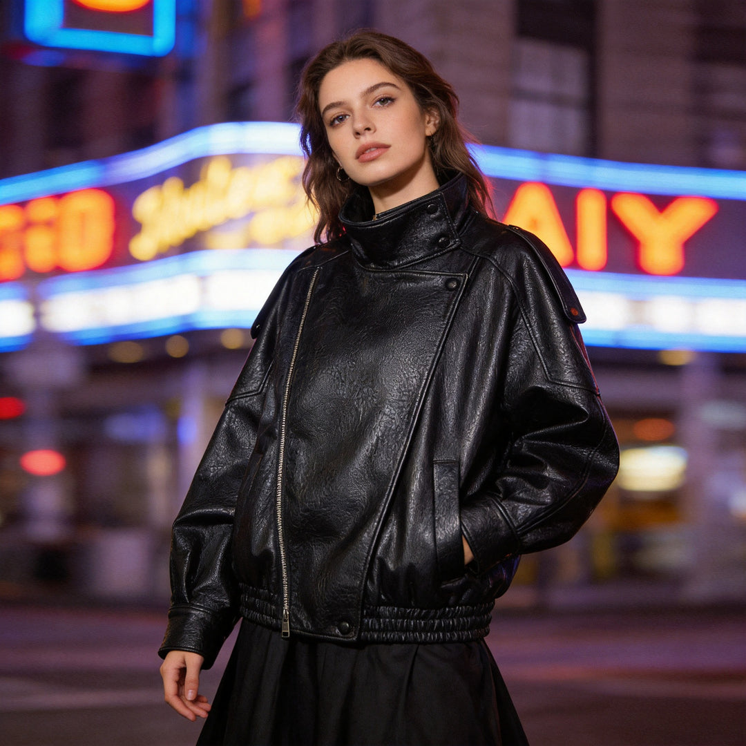 Women's faux leather crossover jacket in bomber style with high stand-up collar Mune Fashion