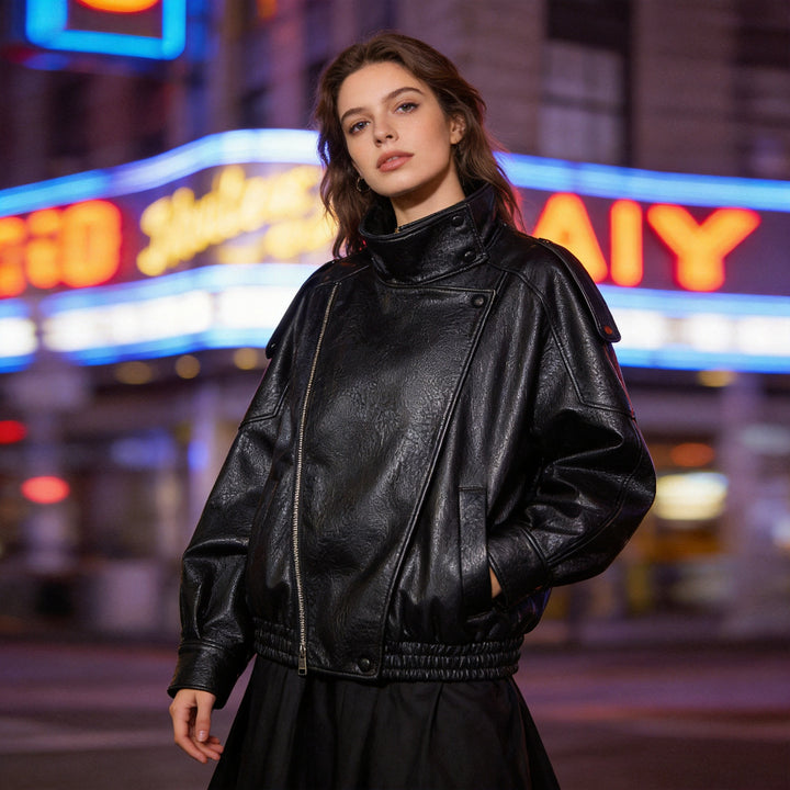 Women's faux leather crossover jacket in bomber style with high stand-up collar Mune Fashion