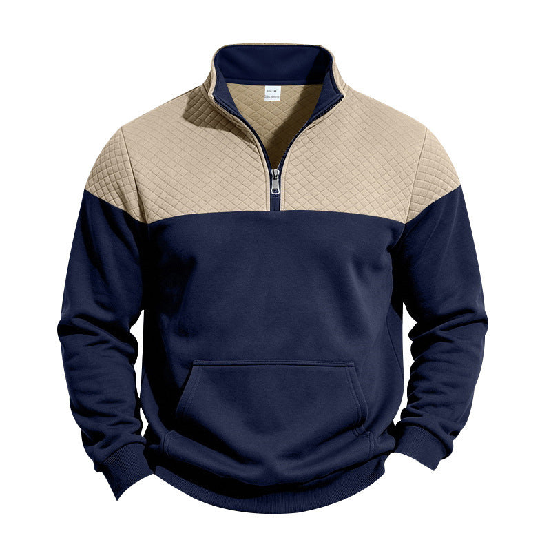 Men's Stand Collar Sweatshirt with Half Zip, Quilted Shoulder Yoke and Kangaroo Pocket Mune Fashion