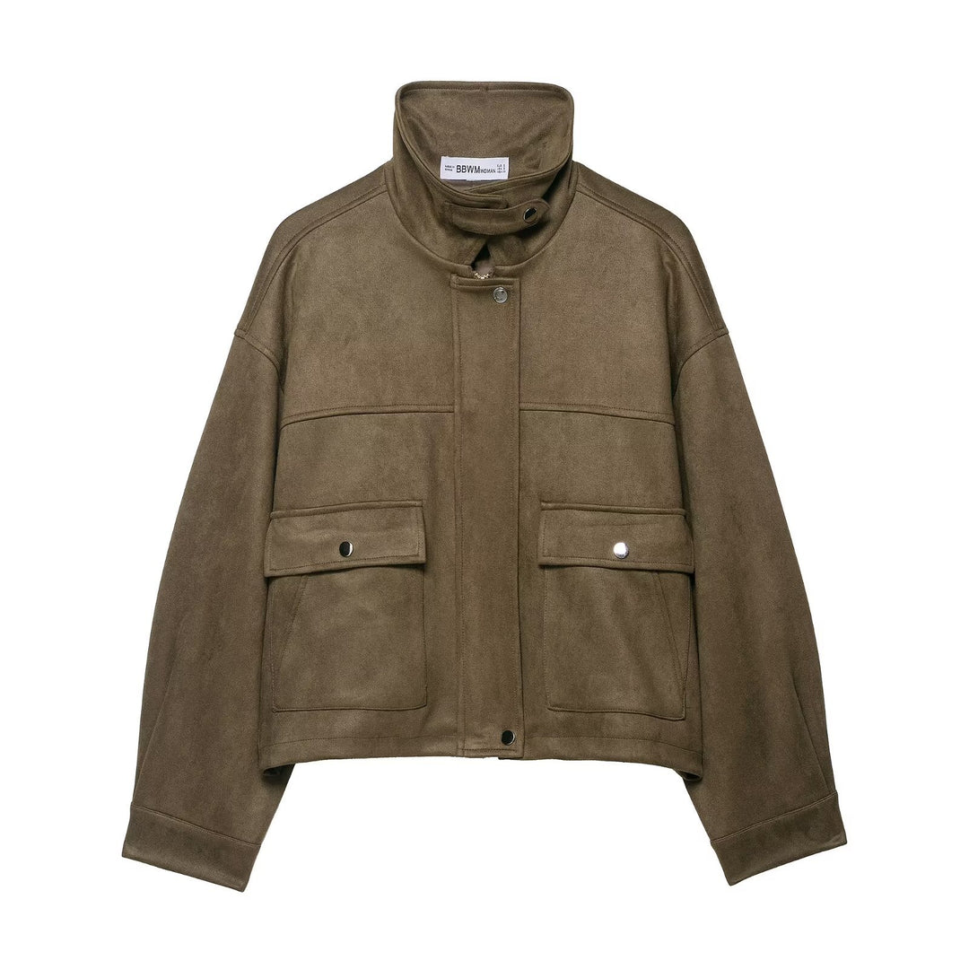 Women’s short jacket made of velour imitation with high funnel collar and flap pockets Mune Fashion
