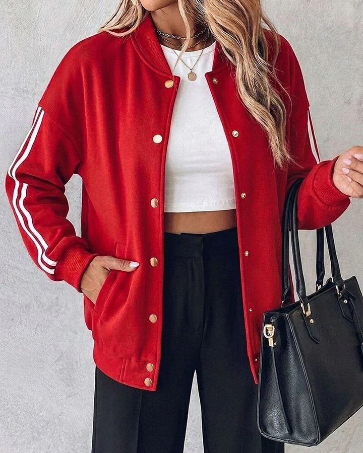 Women Oversized College Jacket with Snap Button Placket and Contrasting Stripe Sleeves Drune