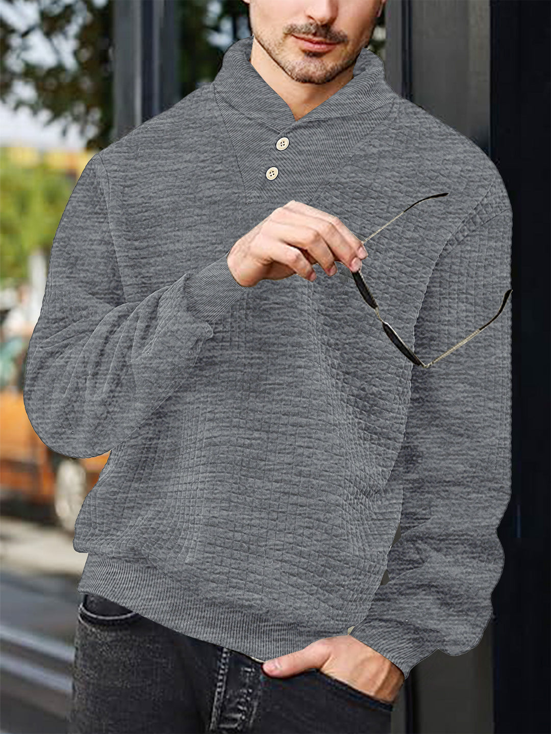 Men's elegant knitted pullover with shawl collar, button placket at neckline and check waffle texture Mune Fashion