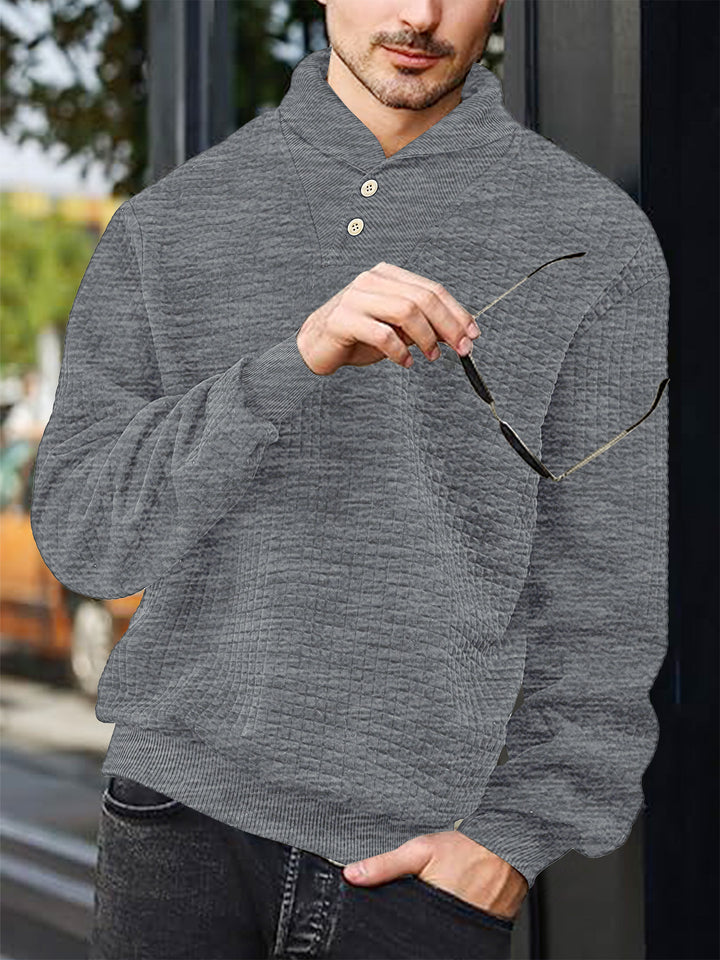 Men's elegant knitted pullover with shawl collar, button placket at neckline and check waffle texture Mune Fashion