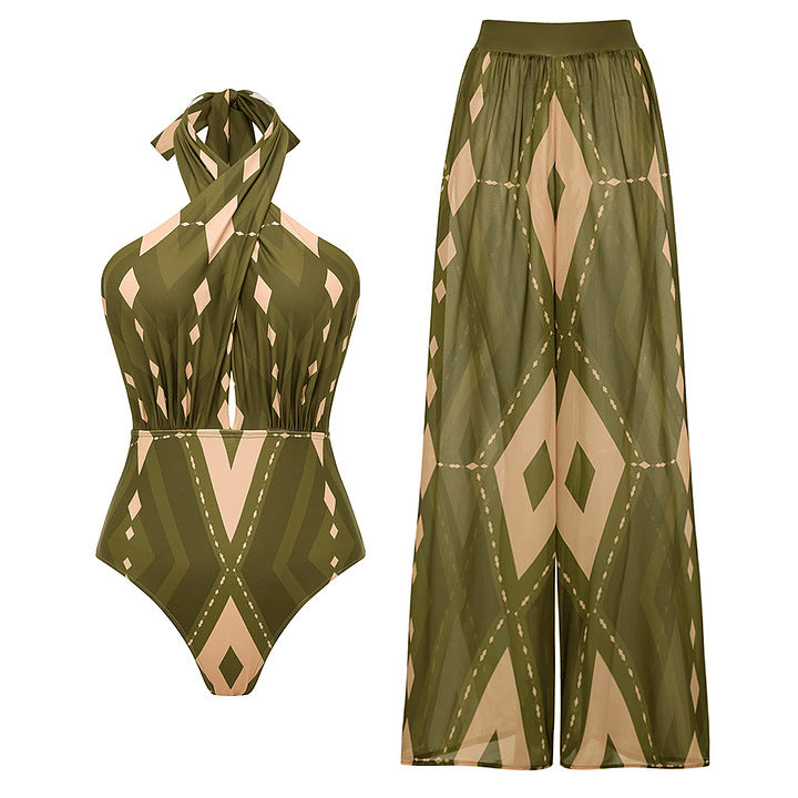 Women One-Piece Swimsuit with Voluminous Ruffle Design and Matching Fabric Pants Mune Fashion