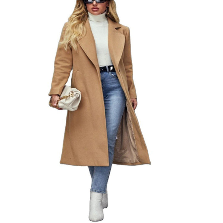 Women Maxilength Wool Blend Classic Coat with Minimalist Waist and Hidden Button Placket Mune Fashion