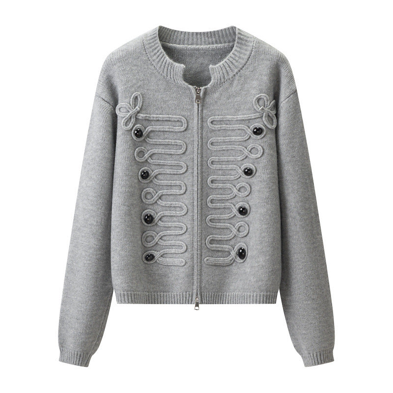 Women's short-cut knitted cardigan with decorative cord applications and two-way zipper Mune Fashion