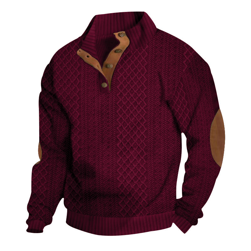 Men's upscale knit sweater with diamond pattern, high ribbed collar, buttoned placket, and leather trim on elbow. Mune Fashion