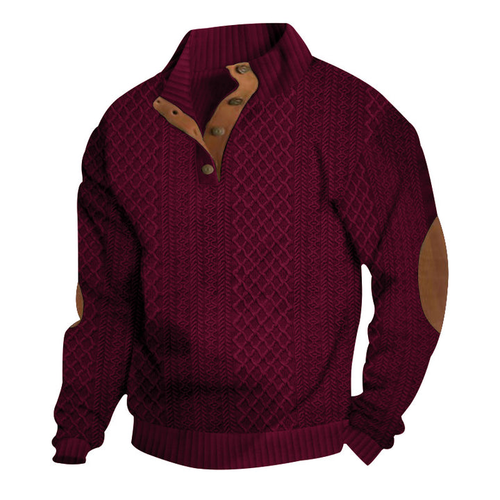 Men's upscale knit sweater with diamond pattern, high ribbed collar, buttoned placket, and leather trim on elbow. Mune Fashion
