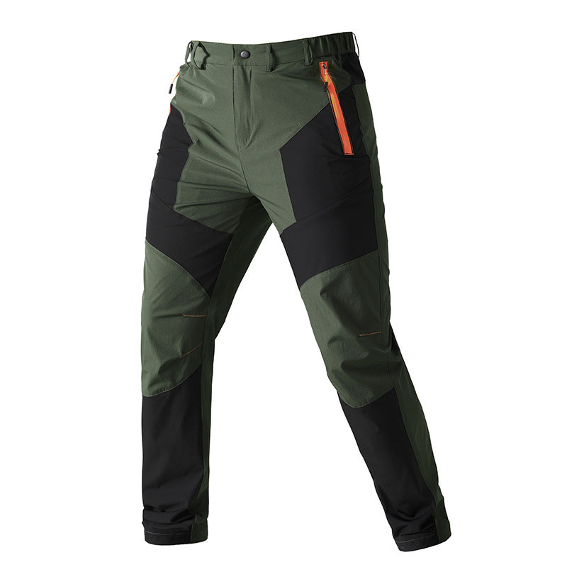 Men's functional trekking pants with reinforced knees, elastic waistband, and zipper pockets.