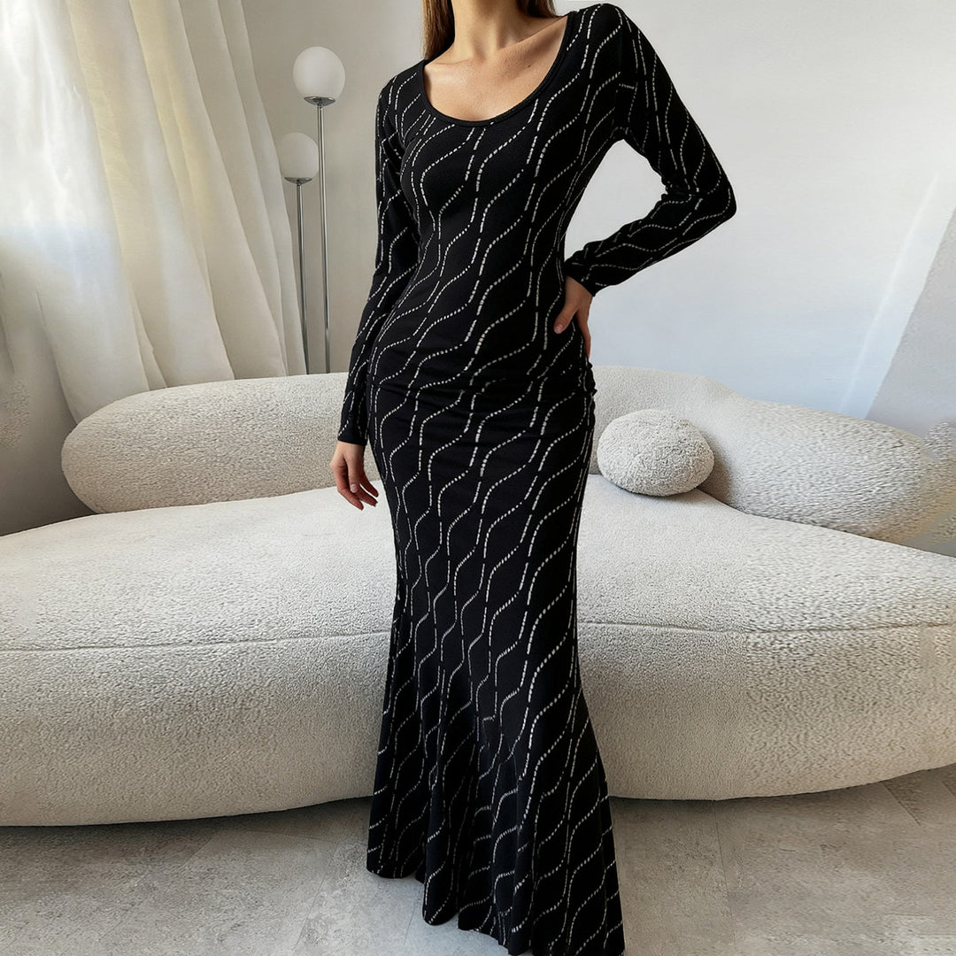 Women's long-sleeved Bodycon Mermaid evening dress with wave rhinestone embellishment Mune Fashion