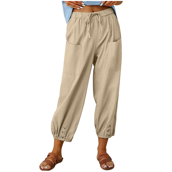 Women’s lightweight cotton-linen pants with drawstring, patch pockets and buttoned cuffs Mune Fashion