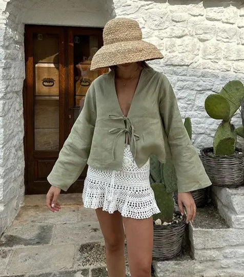 Women's Light Linen Look Tie Blouse with V-Neck, Bell Sleeves and Knot Band Mune Fashion