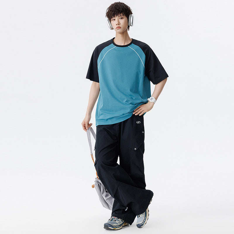 Men's Oversize Waffle Structure Raglan T-Shirt with Contrast Sleeves and Breathable Functional Jersey Mune Fashion