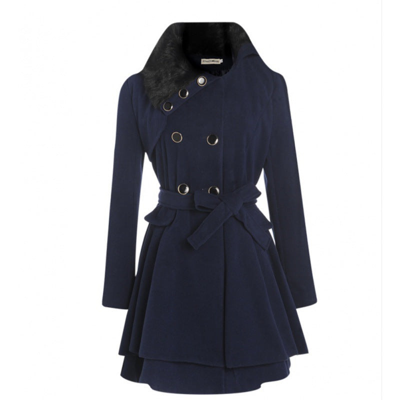 Women's tailored wool coat with bell skirt, double-breasted and faux fur collar Mune Fashion