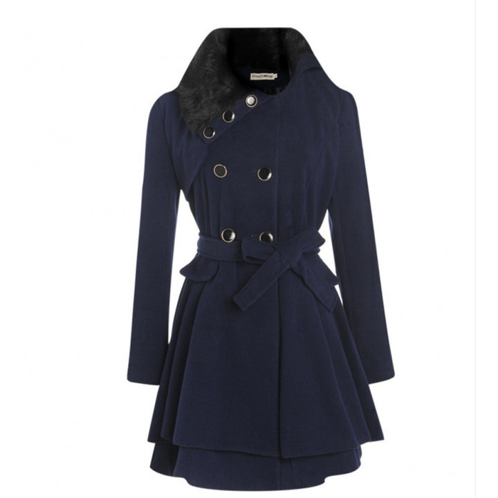 Women's tailored wool coat with bell skirt, double-breasted and faux fur collar Mune Fashion